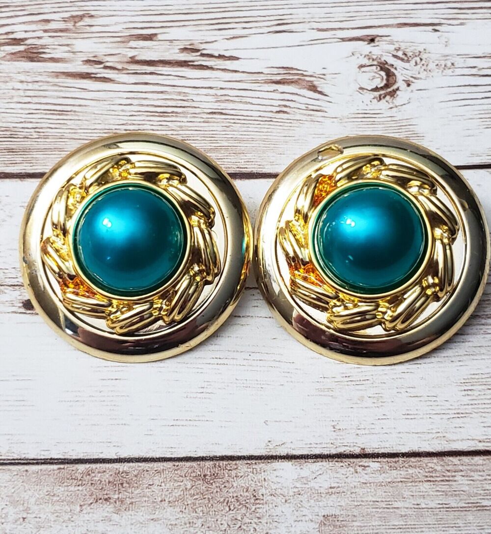 Vintage Clip On Earrings Large Statement Earrings Turquoise Tone & Gold Tone 3D